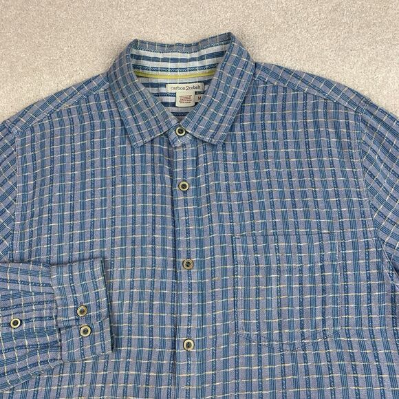 Carbon2cobalt Shirt Men Med Blue Textured Button Up Long Sleeve Cotton Plaid - Picture 1 of 13